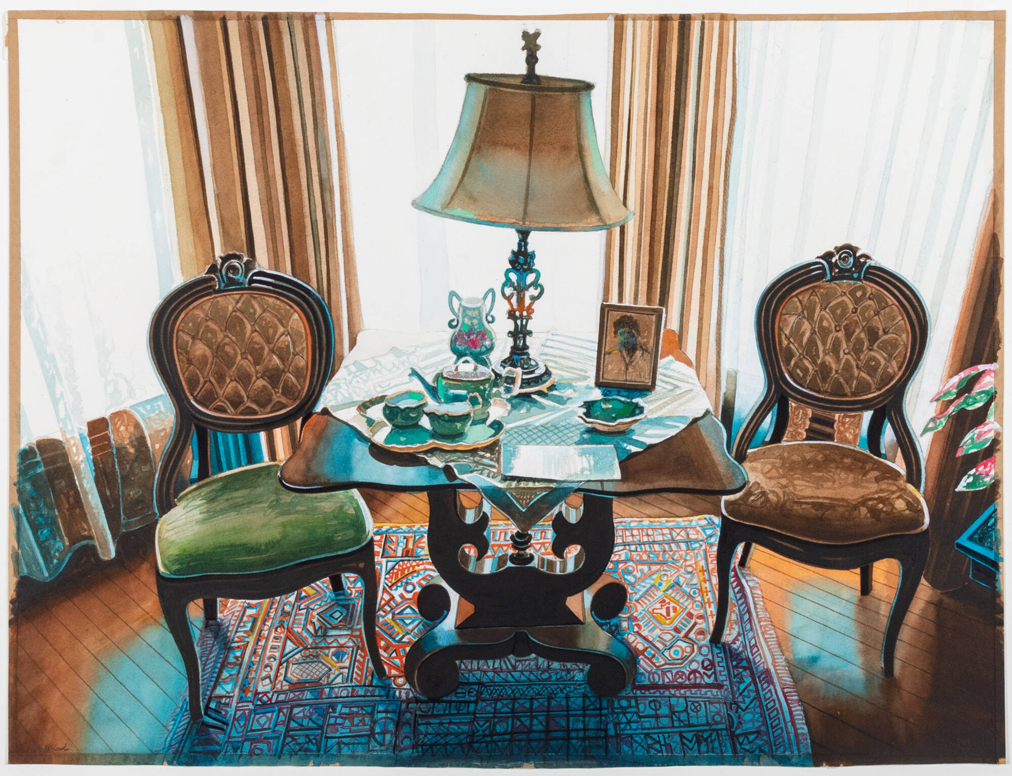 Watercolor of a table with lamp and a tea set with chairs on either side. All things are sitting on top of a rug and are in front of windows.